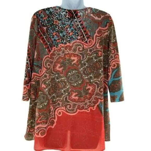 French Blue Women's Multicolor Paisley Shirt Back Embroidered 3/4 Sleeves Top XL - Picture 2 of 6